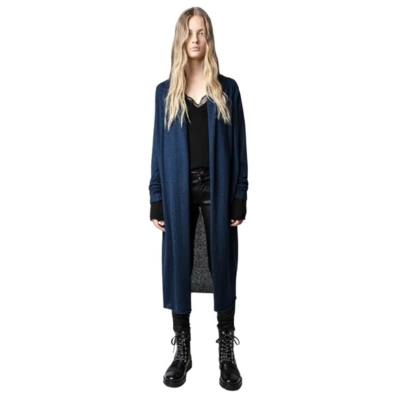 HP🎉 NWT ZADIG & VOLTAIRE Rona 100% Cashmere Long Cardigan Blue Belted Duster LG - Picture 14 of 14